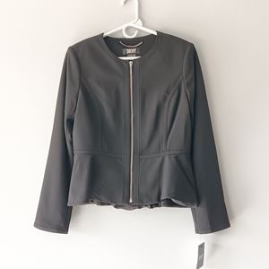 NEW DKNY Blazer Silver Zippered Black Crew Neck Pleated Flounce Women's 10